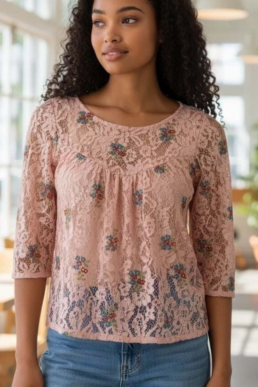 Zara Basic Pink Lace Coquette Floral Embroidered Sheer blouse